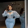 Árabe plus size aso ebi luxuoso renda frisado vestidos de baile sereia gola alta noite formal festa segunda recepção vestidos