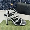 Designerskie buty na wysokim obcasie Sandały Formalne grube pięty Luxury Nowe kobiety Otwórz Klasyczne obcasy 9,5 cm oryginalne skórzane metalowe sandały na nagie paski