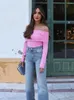 Dames T-shirts Elegante vrouwen strapless off-shoulder effen lange mouw top mode vrouwelijke lente roze slanke tops sexy dame high street wear