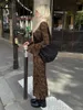 Sıradan Elbiseler Kahverengi Baskı Vintage Uzun Elbise Y2K Sokak Güzergahı Bahar 2024 Zarif Kadın Giyim O yaka Yüksek Bel Akşam Partisi