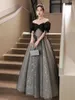 Festklänningar franska elegant cocktailklänning kvinnor v-ring bubbla hylsa tyll kväll modern svart skarv snörning paljett prom klänningar