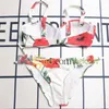 Blommatryck bikini set sexig push up vadderad badkläder för kvinnor metallbokstav snörning upp thong biquinis sommarstrand baddräkt