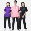 Verktyg M/L/XL Pet Groomer Waterproof Uniform Suit Pink Purple Pet Hair Breattable Soft Pet Beautician Overall Set Pro Groomer Robe Kit