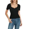 T-shirts pour femmes Femmes S Summer Slim Tops Couleur unie côtelé à manches courtes T-shirt à col en V Basic Streetwear