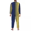 Vêtements de nuit pour hommes jaune bleu rayé automne deux tons décontracté surdimensionné pyjama ensembles mâle à manches longues à la mode loisirs personnalisé costume à la maison