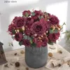 Faux Floral Greenery Artificial Flowers Retro Silk Rose Bouquet Hydrangea Peony Vintage Bride Holding Fake Plants Home Wedding Decoration Accessories Y240322