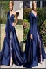 2019 New Elegant One Shoulder Long Sleeve Evening Dresses Pant Suit A Line Dark Navy Split Prom Party 가운 Jumpsuit 유명인 DR2471700