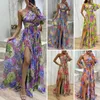 Robes décontractées Femmes Robe de soirée une épaule dos nu longueur de plancher coloré fleur imprimé unique manches longues côté fendu ourlet maxi