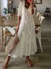 Foridol Casual Hollow Out V Neck White Lace Maxi Dress Vintage A-Line Loose EmbrioDeried Floral Print Bohemian Long Sundress 240312