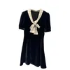 Basic & Casual Dresses Designer Brand Exquisite Velvet Black Dress with a Miu Style Bow Tie and Patchwork Short Sleeved Waistband, Elegant A-line Skirt 96AB