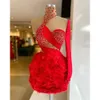 Ano s novo vermelho sereia cauda vestidos beading sheer alto pescoço um ombro manga longa rendas apliques árabe baile de formatura vestido de noite vestidos de gala heer houlder leeve