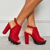 Dress Shoes Fashion Summer Flock Women's Sandals Peep Toe Platform Chunky High Heels Buckle Ladies 2024 Mature For Woman