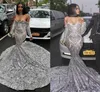 Luxury Silver Sequined Long Sleeve Mermaid Prom Dress for Black Girls Plus Size Court Train African Evening Dresses 20204005922