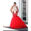 Rood Arabisch Aso Ebi Mermaid Prom Dresses Lace kristallen avond Formeel feest tweede receptie Verjaardag verlovingsjurken Jurken jurk ZJ