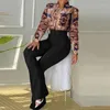 Women's Two Piece Pants Elegant Printed Sets Women Casual Stand Collar Long Sleeve Button Shirt And Wide Leg Set With Belt Office Outfit