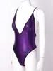 Women's Swimwear Womens Sleeveless Shiny Deep V Neck Bodysuit High Cut Monokini One-Piece Swimsuit Cross Back Adjustable Straps Leotard