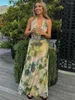 Work Dresses Women's Halter Neck Lace-up Backless Tops Long Maxi Skirts Printed Two Pieces Set Holiday Beach Outfit High Street Suit