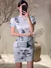 Party Kleider Frauen Blau Floral Kurzarm Casual Mini Kleid Sommer Elegante Bodycon Verband 2024 Koreanische Vintage Luxus Vestidos