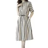 Löst koreanska Dres Summer Oneck Half Sleeve Slant Tickets Tunic Dress Casual Vertical Striped Print Midi 240308