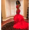 Red African Hot Black Girls Mermaid Prom Vestres Use Cutway Lace Apliques