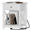 Treocho White Charging Station, X-Design Side 2 AC USB Power Sockets, Small Bedside Table With Storage Drawers och Open Shees i sovrummet