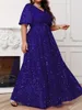 Party Dresses Plus Size V Neck Short Sleeve Big Swing Banquet Wedding Sequined Royal Blue Evening Dress 4xl 5xl Shiny Long
