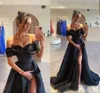 Sexy Zwart A-lijn Galajurken Off-shoulder Sweetheart Lovertjes Hoge Zijsplit Vloerlengte Satijnen Avondjurken Formele Kleding Tweede Receptie Verjaardagsfeestje Jurken