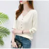 Women's Sweaters 2024 Elegant Solid Color V-neck Spring And Autumn Fashion Versatile Casual Button Up Split Sleeve Loose Knitted Tops