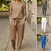 Kadınlar İki Parçalı Pantolon Kadın Gömlek Yuvarlak Boyun Üst Elastik Bel ile Zarif İki Parçalı Takım Elastik Bel Düz Renk Nefret
