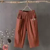 Pantalones de mujer verano casual algodón lino 2024 color sólido cintura elástica mujer de mediana edad recortada