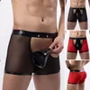 Underpants Men Underwear Men's Sexy Low Waist Mesh Boxers With Faux Leather Patchwork Easy Open Button Design Breathable Soft For Male