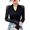 T-Shirt Femme Haut en maille de soie scintillante et brillante vêtements adaptés automne et hiver chemise à manches longues col en V T-shirt noir plissé ultra-mince 24323