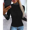 Kvinnors T -skjortor Autumn Winter Women Elegant Fashion Ribbed Shirt Y2K Chic Cloth Clothingwear Beaded High Neck Long Sleeve Top