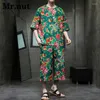 Herrspårar Mr Nut Summer Flower Printing T Shirt Tvåverk Set Cotton Linen Casual Clothes Suit Unisex Chinese Internet Celebrity