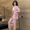 Womens Office Suit Fashion Blazer Pantsuit Simple Solid Color Spring Summer Half Sleeve Top Trousers 2 Piece Set 240315