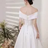 Party Dresses Elegant French Slash Neck Short Sleeve Temperament Wedding Dress Simple Solid Front Cross Design Gown Cascading Vestidos