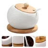 Conjuntos de louça 1 conjunto frascos de condimento de cerâmica com tampas de colher e bandeja de madeira tempero recipiente potes para cozinha