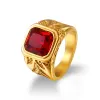 2024 New Fashion Square Red Cubic Zirconia Ring for Women Men Vintage Luxury 14k Yellow Gold Rings Bride Wedding Party Jewelry Gifts