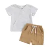 Ensembles de vêtements à rayures pour bébés garçons, chemise et short, hauts à manches courtes, couleur unie, vêtements d'été pour bébés 0-4T