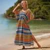 Copricostume da spiaggia Abito completo con maniche a pipistrello Costume da bagno bikini Stampa in rayon Maxi caftano con coulisse