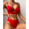 Women's Swimwear Red Sexy Bikinis Solid Color Female Swimsuit Swimming Bathing Suits Brazilian Bikini Set Beach Wear Bather Pool