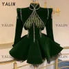 Yalin Dark Green Velor Beading Cocktail Dresses Charming A-Line Crystals Long Sleeves Formal Party Gown Robe de Soiree Chic240321