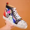 Casual Shoes Pattern!! High Top Men's Pink Glitter Rivets Water Diamonds Decorative Women's Red Soles