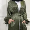 Etniska kläder satin kimono muslimska kvinnor maxi klänning dubai öppen abaya eid ramadan islamisk jalabiya femme cardigan arabisk mantel caftan