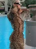 Vestido de renda com estampa de leopardo, babados, divisão, decote em v profundo, manga comprida, vestidos slim, moda sexy feminina, vestido de festa noturna 240304