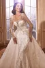 Luxury Beaded Appliques Lace Scoop Mermaid Wedding Dress Full Sleeves Stunning Embroidery 2 In 1 Trumpet Bridal Gowns With Removable Train