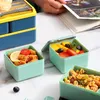 Boîte à lunch portable double couche pour enfants avec fourchette et cuillère Boîtes à bento pour micro-ondes Ensemble de vaisselle Conteneur de stockage des aliments YFA2052