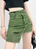 DEAT Fashion Womens Skirt High Waist Patchwork Irregular Mini Above Knee Tie-dyed Green Denim Skirts Spring 2024 17A1759 240315