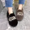 Casual Shoes Black Women Flats Crystal Moccasins Winter Warm Fur Loafers Real Mink Espadrilles Lady Slip-on Walking Driving