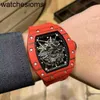 RicharsMill Business Leisure Nastro per orologio meccanico automatico scavato personalizzato in fibra di carbonio rosso da uomo alla moda